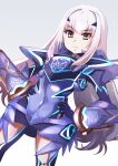  1girl armor armored_dress bangs black_gloves blue_armor blue_dress blue_legwear breastplate breasts brown_eyes dress fairy_knight_lancelot_(fate) fate/grand_order fate_(series) faulds gloves haku_(grimjin) hands_on_hips highres long_hair looking_at_viewer mask pauldrons short_dress shoulder_armor sidelocks small_breasts solo thighs weapon white_hair 