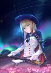  1girl artoria_pendragon_(all) artoria_pendragon_(caster)_(fate) bangs black_legwear blonde_hair blue_eyes coat dabingdan eyebrows_behind_hair eyebrows_visible_through_hair fate/grand_order fate_(series) flower gloves hair_between_eyes highres holding holding_staff open_mouth sitting skirt smile solo staff thigh-highs 