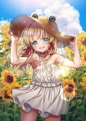  1girl :d bare_shoulders blonde_hair blue_sky casual clouds commentary_request day dress eyes hat highres long_hair looking_at_viewer moriya_suwako nora_wanko off-shoulder_dress off_shoulder open_mouth outdoors sky smile solo teeth touhou upper_teeth white_dress 