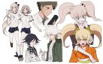  3boys 4girls alternate_costume alternate_hair_length alternate_hairstyle bangs bear_hair_ornament black_hair blue_eyes blush blush_stickers bound_ankles bow braid brown_eyes brown_hair cat_hair_ornament checkered checkered_neckwear checkered_scarf commentary_request cropped_torso dangan_ronpa:_trigger_happy_havoc dangan_ronpa_(series) dangan_ronpa_2:_goodbye_despair dangan_ronpa_v3:_killing_harmony ear_bow enoshima_junko eyebrows_visible_through_hair green_jacket grey_jacket hair_bow hair_ornament height_difference highres hinata_hajime holding hug hug_from_behind jacket japanese_clothes kimono komaeda_nagito long_hair monomi_(dangan_ronpa) multiple_boys multiple_girls nanami_chiaki necktie no_hair_ornament open_clothes open_jacket orange_kimono ouma_kokichi print_shirt saionji_hiyoko scarf school_uniform shirt short_hair smile sonia_nevermind sportswear sweat twintails vo1ez 