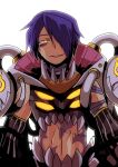  1boy bandaged_neck bandages bangs commentary_request crying crying_with_eyes_open emon-yu genetic_(ragnarok_online) hair_between_eyes hair_over_one_eye looking_at_viewer male_focus navel purple_hair ragnarok_online short_hair simple_background sleeveless smile solo stitches tears upper_body white_background yellow_eyes 