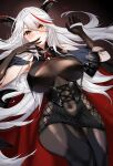  1girl absurdres aegir_(azur_lane) azur_lane bangs bare_shoulders black_dress black_gloves black_legwear blush breasts cape commentary covered_navel dress elbow_gloves eyebrows_visible_through_hair gloves highres horns large_breasts loincloth looking_at_viewer lying marumai multicolored_hair on_back open_clothes redhead shiny shiny_clothes short_dress silver_hair simple_background sleeveless smile thigh-highs two-tone_hair 
