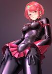  1girl bad_end_precure black_bodysuit black_gloves blush bodysuit breasts closed_mouth cowboy_shot earrings elbow_gloves gloves headband highres jewelry kilye_kairi latex latex_bodysuit latex_gloves looking_at_viewer medium_breasts microskirt pyra_(xenoblade) red_eyes red_skirt redhead skin_tight skirt solo standing xenoblade_chronicles_(series) xenoblade_chronicles_2 