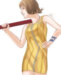  1girl breasts brown_hair closed_mouth cup_month dress final_fantasy final_fantasy_viii flipped_hair green_eyes highres nunchaku selphie_tilmitt short_hair simple_background skirt smile solo weapon white_background yellow_overalls yellow_skirt 