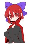  1girl black_shirt blue_bow bow cape cloak collarbone hair_bow hand_on_hip high_collar highres long_sleeves op_na_yarou red_cape red_cloak red_eyes redhead sekibanki shirt short_hair simple_background touhou white_background 