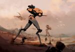  6+others aircraft desert gun helicopter holding holding_gun holding_weapon humanoid_robot mecha multiple_others no_humans one_art original running sand science_fiction walker weapon 