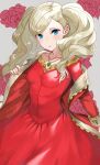  absurdres blonde_hair blue_eyes commission commissioner_upload dress flower hair_ornament hairclip haru_(nakajou-28) highres jewelry looking_at_viewer necklace persona persona_5 red_dress rose takamaki_anne twintails 