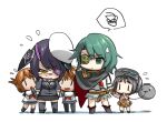  5girls :3 bangs black_cape black_gloves black_hair black_legwear brown_gloves cape chagen_kokimu chibi closed_mouth diving_mask diving_mask_on_head eyepatch flying_sweatdrops gloves goggles goggles_on_head green_eyes green_hair hair_ornament hairclip hat holding_hands ikazuchi_(kancolle) inazuma_(kancolle) kantai_collection kiso_(kancolle) kneehighs long_hair long_sleeves maru-yu_(kancolle) multiple_girls one-piece_swimsuit open_mouth pantyhose pleated_skirt ponytail purple_hair sailor_collar school_uniform serafuku short_hair simple_background skirt squiggle standing sweat swimsuit tears tenryuu_(kancolle) thigh-highs wavy_mouth white_background white_headwear white_swimsuit yellow_eyes 