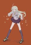  1girl :d absurdres ahoge akamatsu_kaede backpack bag bangs beamed_eighth_notes blonde_hair breasts brown_footwear commentary_request dangan_ronpa_(series) dangan_ronpa_v3:_killing_harmony eighth_note hair_ornament hands_up highres kneehighs legs_apart long_hair long_sleeves looking_at_viewer musical_note musical_note_hair_ornament necktie open_mouth pleated_skirt red_background sema_(vivaviva_02) shirt shoes skirt smile solo standing 