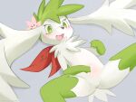  1girl :3 ancesra animal_nose bangs blurry blush body_fur commentary depth_of_field english_commentary flat_chest flower furry gen_4_pokemon green_eyes green_fur green_hair grey_background hair_flower hair_ornament happy head_wings highres legendary_pokemon lying mythical_pokemon no_pussy on_back open_mouth personification pink_flower pokemon shaymin shaymin_(sky) short_hair simple_background smile snout solo spiky_hair spread_legs tail two-tone_fur v-shaped_eyebrows white_fur white_wings wings 