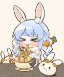  &gt;_&lt; 1girl :3 :t absurdres animal_ear_fluff animal_ears black_gloves blue_hair bowl braid carrot_hair_ornament chibi chopsticks closed_eyes commentary_request don-chan_(usada_pekora) eating eyebrows_visible_through_hair food food-themed_hair_ornament food_in_mouth gloves hair_ornament highres hololive long_hair multicolored_hair noodles nousagi_(usada_pekora) rabbit_ears ramen same_anko simple_background solo sparkle streaked_hair sweat twin_braids two-tone_hair usada_pekora virtual_youtuber white_hair 