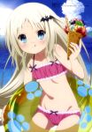  1girl :p absurdres bat_hair_ornament beach bikini blonde_hair blue_eyes blue_sky blush clouds cream cream_on_face day eyebrows_visible_through_hair fisheye flat_chest food food_on_face fruit hair_ornament highres holding holding_innertube ice_cream ice_cream_cone innertube kud_wafter licking_lips little_busters!! long_hair looking_at_viewer megami_magazine miyajima_hitoshi mountainous_horizon navel noumi_kudryavka ocean official_art outdoors red_bikini scan sky smile solo strawberry sun swimsuit tongue tongue_out very_long_hair 