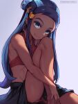  1girl artist_name bare_arms bare_legs bare_shoulders bikini black_hair blue_eyes blue_hair closed_mouth dark-skinned_female dark_skin earrings eyeshadow feet_out_of_frame forehead grey_background gym_leader hair_bun highres hoop_earrings jack_rockhardt jewelry long_hair looking_at_viewer makeup multicolored_hair nessa_(pokemon) pokemon pokemon_(game) pokemon_swsh red_bikini sarong simple_background smile solo swimsuit two-tone_hair watermark web_address 