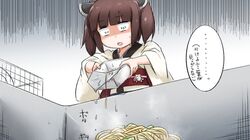  1girl bangs brown_hair commentary_request eyebrows_visible_through_hair headgear highres holding japanese_clothes kimono long_sleeves neon-tetora obi open_mouth sash shaded_face sink solo sweat touhoku_kiritan translation_request twintails voiceroid white_kimono wide_sleeves yakisoba yakisoba_spill 