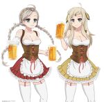  2girls absurdres ahoge alternate_costume apron bangs bare_shoulders beer_mug blonde_hair bodice braid circlet closed_mouth commission commissioner_upload cup dirndl dress fire_emblem fire_emblem_fates garter_straps german_clothes grey_eyes grey_hair hairband highres holding holding_cup long_hair looking_at_viewer mug multiple_girls nina_(fire_emblem) oktoberfest ophelia_(fire_emblem) shuffledyandere skirt thigh-highs twin_braids waist_apron 