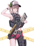  1girl absurdres ar-57 ar-57_(girls_frontline) armpits bangs bare_shoulders baseball_cap black_shirt blue_eyes breasts commentary cowboy_shot crop_top dolphin_shorts ear_piercing ear_protection fingerless_gloves girls_frontline gloves grifon_&amp;_kryuger gun hair_between_eyes hat highres holding holding_weapon lithographica long_hair midriff piercing pink_hair ponytail shirt shorts sideboob single_glove single_leg_pantyhose sleeveless sleeveless_shirt solo tactical_clothes tank_top trigger_discipline twitter_username watch watch weapon white_background 