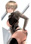  1girl ass black_legwear bodysuit breasts bright_pupils cleavage_cutout clothing_cutout grey_bodysuit grey_eyes grey_hair hair_between_eyes highres kilye_kairi large_breasts long_sleeves looking_at_viewer original parted_lips pink_pupils rei_no_pool short_hair sidelocks smile solo thigh-highs 