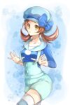  1girl alternate_color black_shirt blue_bow blue_headwear blue_shorts bow brown_hair collarbone cowboy_shot hat hat_bow highres long_hair long_sleeves looking_at_viewer low_twintails lyra_(pokemon) open_mouth pokemon pokemon_(game) pokemon_hgss shirt short_shorts shorts solo standing suspender_shorts suspenders thigh-highs twintails yellow_eyes yomogi_(black-elf) zettai_ryouiki 