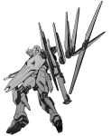  absurdres char&#039;s_counterattack funnels greyscale gun gundam highres holding holding_gun holding_weapon ishiyumi looking_down mecha mobile_suit monochrome no_humans nu_gundam science_fiction shield solo v-fin weapon white_background 