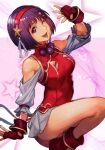  1girl asamiya_athena blush breasts earrings fingerless_gloves gloves hair_ornament hairband hankuri hankuri jewelry looking_at_viewer medium_breasts one_eye_closed open_mouth purple_hair red_hairband short_hair smile snk solo star_(symbol) star_hair_ornament the_king_of_fighters the_king_of_fighters_xv violet_eyes 