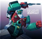  arm_cannon clenched_hand copyright_name ginga_shippuu_sasuraiger gun holding holding_gun holding_weapon j9_series looking_up matayoshi_(nopple_1000) mecha no_humans sasuraiger_(mecha) science_fiction solo visor weapon 