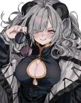  1girl :p animal_ears aogisa arknights bangs black_jacket blush breasts cleavage_cutout clothing_cutout eyebrows_visible_through_hair eyelashes eyewear_removed feater_(arknights) grey_hair hair_over_one_eye high_collar highres holding holding_eyewear jacket large_breasts looking_at_viewer medium_hair nose_blush open_clothes open_jacket panda_ears red_eyes round_eyewear smile solo tongue tongue_out upper_body white_background 