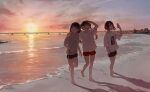  3girls arm_around_shoulder barefoot beach blue_eyes bridge closed_mouth daluto_(hitomi555) footprints hand_in_pocket hand_on_own_head highres holding holding_phone hood hoodie horizon long_hair looking_up multiple_girls open_mouth original phone sand shirt short_hair shorts sunset twintails waves white_shirt 