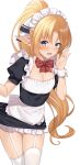1girl absurdres apron bangs black_dress blonde_hair blue_eyes blush bow bowtie breasts cowboy_shot detached_collar dress elf enjou_kouhai_oshiego_wa_elf_ryuu_ningyo_jinrou eyebrows_visible_through_hair frilled_apron frilled_dress frills garter_straps hand_up highres iris_(takunomi) leaning_forward long_hair looking_at_viewer maid maid_headdress open_mouth pointy_ears ponytail puffy_short_sleeves puffy_sleeves red_bow red_neckwear short_sleeves simple_background skindentation skirt_hold small_breasts smile solo takunomi thigh-highs very_long_hair waist_apron white_apron white_background white_legwear wrist_cuffs zettai_ryouiki