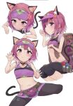 1girl animal_ears backpack bag bare_shoulders bell belt bike_shorts black_shorts blush breasts cat_ears cat_girl cat_tail choker claw_pose collarbone licking looking_at_viewer miniskirt multiple_views navel neck_bell open_mouth pkpkpppk princess_connect! purple_hair purple_headwear purple_skirt purple_sports_bra shorts skirt small_breasts sports_bra tail tamaki_(princess_connect!) violet_eyes visor_cap 
