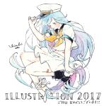  1girl 2017 absurdly_long_hair aqua_eyes aqua_hair arm_up bandaid bandaid_on_leg bandaid_on_stomach bangs black_footwear black_sailor_collar blush boots chiakiida crop_top full_body hat high_heels illustration.media long_hair navel neckerchief original sailor_collar shirt short_sleeves simple_background skirt solo very_long_hair white_background white_footwear white_headwear white_shirt white_skirt yellow_neckwear 