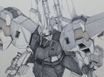  clenched_hand eclogue.566 gun gundam holding holding_gun holding_weapon horns mecha mecha_request mobile_suit no_humans one-eyed single_horn solo traditional_media weapon white_background zeon 