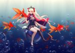  amberdl animal anklet artist_name asymmetrical_legwear between_breasts black_dress blonde_hair breasts bubble bubble_background cape cloak dress ereshkigal_(fate) fate/grand_order fate_(series) fish fish_background floating_hair goldfish hair_ribbon highres holding holding_animal holding_fish jewelry long_hair red_cape red_cloak red_eyes red_ribbon ribbon short_dress sitting strap strap_between_breasts tiara twintails two_side_up uneven_legwear very_long_hair 