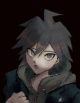  1boy :o absurdres ahoge bangs black_background black_jacket brown_eyes brown_hair clenched_hand commentary_request dangan_ronpa:_trigger_happy_havoc dangan_ronpa_(series) dark_background hair_between_eyes hand_up highres hood hood_down jacket looking_at_viewer male_focus naegi_makoto open_mouth red_eyes sema_(vivaviva_02) short_hair simple_background solo spiky_hair upper_body 
