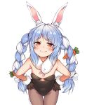  1girl animal_ears black_gloves black_leotard blue_hair blush breasts carrot_hair_ornament closed_mouth covered_navel cowboy_shot don-chan_(usada_pekora) food-themed_hair_ornament fur-trimmed_gloves fur_trim gloves hair_ornament hololive leotard long_hair multicolored_hair pantyhose playboy_bunny playboy_bunny_leotard rabbit_ears sidelocks simple_background small_breasts smile solo spawfin strapless strapless_leotard thigh_gap twintails two-tone_hair usada_pekora virtual_youtuber white_background white_hair 