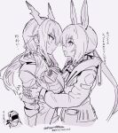 1other 2girls amiya_(arknights) animal_ears arknights arm_grab asymmetrical_docking blush breast_press ch&#039;en_(arknights) doctor_(arknights) dragon_girl dragon_horns horns hug infection_monitor_(arknights) long_hair melon22 multiple_girls necktie ponytail rabbit_ears rabbit_girl translated yuri