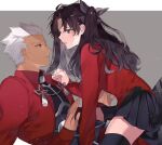 1boy 1girl archer_(fate) bangs black_hair black_legwear black_ribbon black_skirt commentary_request dark-skinned_male dark_skin eye_contact fate/stay_night fate_(series) from_side girl_on_top grey_background hair_ribbon highres long_hair long_sleeves looking_at_another miniskirt open_mouth pleated_skirt red_shirt ribbon shimatori_(sanyyyy) shirt skirt thigh-highs tohsaka_rin two-tone_background two_side_up white_background white_hair zettai_ryouiki 