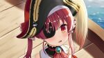  1girl bare_shoulders dorianpanda eyepatch hat heart highres hololive houshou_marine looking_up open_mouth pirate_hat red_eyes redhead ship solo twintails upper_body virtual_youtuber water watercraft 