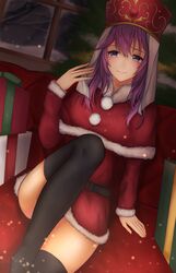  1girl absurdres alternate_costume bangs belt box christmas christmas_tree commission dress eremiya fire_emblem fire_emblem:_new_mystery_of_the_emblem fur_trim gift gift_box hair_between_eyes highres indoors long_hair long_sleeves looking_at_viewer miniskirt nei_(aduma1120ponpon) over-kneehighs purple_hair red_dress red_headwear santa_costume sitting skeb_commission skirt smile solo thigh-highs tree violet_eyes window 