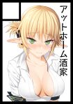  1girl aegis_(takunomi) black_border blonde_hair blush border breasts circle_cut closed_mouth enjou_kouhai_oshiego_wa_elf_ryuu_ningyo_jinrou folded_ponytail green_eyes large_breasts looking_at_viewer no_bra open_clothes open_shirt pointy_ears ringed_eyes shirt simple_background solo takunomi upper_body white_background white_shirt 