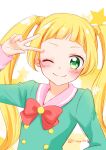  1girl aikatsu!_(series) arm_up bangs blonde_hair blunt_bangs blush bow bowtie character_request closed_mouth commentary_request green_eyes green_shirt long_hair long_sleeves looking_at_viewer pink_sailor_collar red_bow sailor_collar shirt sidelocks simple_background smile solo star_(symbol) tareme tiramisu651 twintails upper_body v white_background 