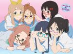  6+girls adjusting_eyewear akadou bangs black-framed_eyewear black_hair blonde_hair blue_eyes blue_hair blue_neckwear blue_sailor_collar blue_skirt blush bow brown_hair derivative_work gekijouban_hibike!_euphonium glasses green_eyes green_neckwear grey_shirt hair_bow hair_ornament hair_ribbon hand_up hibike!_euphonium highres kitauji_high_school_uniform long_hair long_sleeves looking_at_another looking_at_viewer lying multiple_girls neckerchief on_stomach pleated_skirt ponytail red-framed_eyewear red_bow red_eyes ribbon sailor_collar school_uniform serafuku shirt short_hair short_sleeves skirt violet_eyes white_shirt yellow_ribbon 