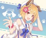 1girl animal_ears arm_scrunchie bangs blonde_hair blunt_bangs braid collarbone commentary_request crop_top dog_ears eyebrows_visible_through_hair fang flower garjana granblue_fantasy hair_flower hair_ornament hand_on_head hat jacket jiman off_shoulder open_mouth outstretched_arm paw_print sailor_collar sailor_hat single_braid smile solo upper_body vajra_(granblue_fantasy) yellow_eyes 