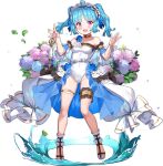  1girl :d ahoge ankle_cuffs ark_order artist_request bangs bare_shoulders blue_bow blue_flower blue_hair blush bow bracelet breasts choker clotho_(ark_order) detached_sleeves flower hair_bow holding hydrangea jewelry leaf leg_garter leotard maid_headdress medium_hair official_art open_mouth pink_eyes sandals short_sleeves sidelocks skirt small_breasts smile solo spool tachi-e thighlet thread twintails water white_leotard white_skirt 