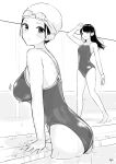  2girls absurdres arm_support breasts goggles goggles_on_head greyscale highres large_breasts monochrome multiple_girls original pool swim_cap swimsuit takenoko_no_you wet 