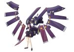  1girl black_footwear black_gloves cosplay exocet full_body gloves highres holding holding_weapon kantai_collection kurogane_no_linebarrel long_sleeves mecha purple_hair short_hair simple_background solo standing tatsuta_(kancolle) vardant vardant_(cosplay) weapon white_background 