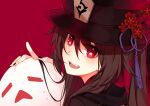 1girl bangs black_headwear black_nails blush brown_hair coat fang flower flower-shaped_pupils genshin_impact ghost hat hat_flower hat_ornament hu_tao_(genshin_impact) jeanbeansprout long_hair looking_at_viewer nail_polish open_mouth plum_blossoms porkpie_hat red_background red_eyes red_shirt shirt simple_background smile solo symbol-shaped_pupils talisman tassel twintails 
