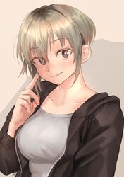  1girl black_jacket blush closed_mouth finger_to_cheek grey_eyes grey_hair grey_shirt hand_up head_tilt highres jacket kilye_kairi long_sleeves looking_at_viewer open_clothes open_jacket original shirt sidelocks smile solo undercut upper_body 