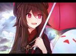 1girl bangs black_nails brown_hair clouds cloudy_sky collared_shirt commentary day english_commentary eyebrows_visible_through_hair flower-shaped_pupils genshin_impact ghost highres holding holding_umbrella hu_tao_(genshin_impact) jeanbeansprout long_hair nail_polish open_mouth red_eyes red_shirt shirt sky smile solo symbol-shaped_pupils twitter_username umbrella 