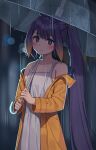  1girl absurdres bangs blue_eyes blurry blush bokeh depth_of_field dress eyebrows_visible_through_hair highres holding holding_umbrella hololive hololive_english long_hair looking_at_viewer multicolored_hair niji_(rudduf232) ninomae_ina&#039;nis off_shoulder orange_hair ponytail purple_hair rain raincoat sidelocks sleeveless sleeveless_dress smile solo tentacle_hair transparent transparent_umbrella two-tone_hair umbrella very_long_hair water_drop white_dress yellow_raincoat 