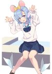  1girl absurdres animal_ears bangs blue_bow blue_hair blue_shirt blue_skirt blush bow brown_footwear chinese_zodiac elliot_leucosia enjou_kouhai_oshiego_wa_elf_ryuu_ningyo_jinrou eyebrows_visible_through_hair fish_girl hair_bow hair_ornament head_fins highres long_sleeves looking_at_viewer monster_girl mouse_ears open_mouth orange_bow shirt short_hair simple_background sitting skirt smile solo takunomi uniform webbed_hands white_background white_shirt year_of_the_rat yellow_bow 